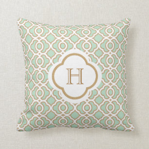 Mint Green and Gold Moroccan Monogram Throw Pillow
