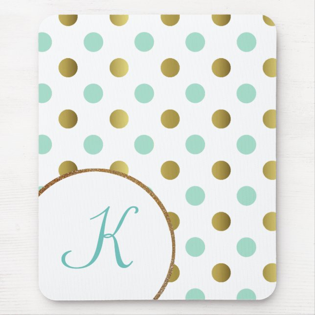 Mint Green and Gold Polka Dot Mouse Pad (Front)