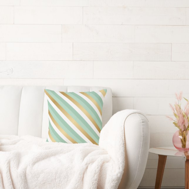 Mint Green and Gold Stripes Throw Pillow (Couch)