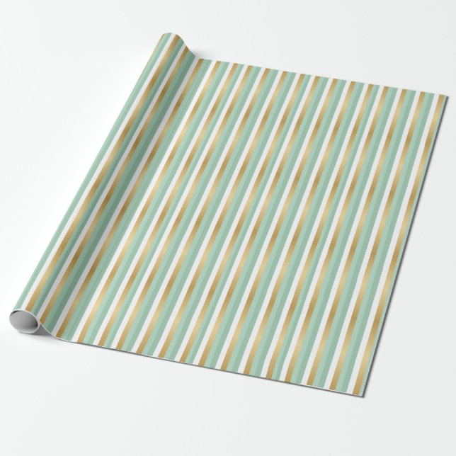 Mint Green and Gold Stripes Wrapping Paper (Unrolled)