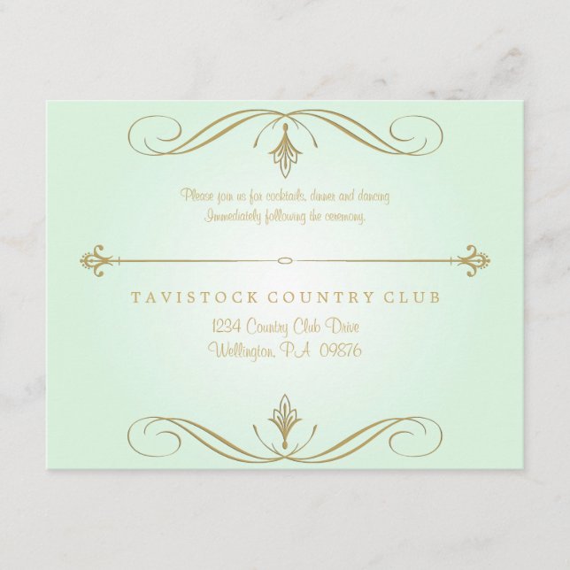 Mint Green and Gold Wedding Reception Card (Front)