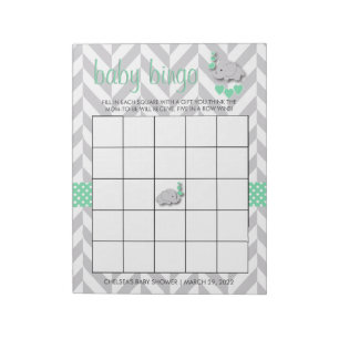 Mint Green and Grey Elephant Baby Shower Bingo Notepad