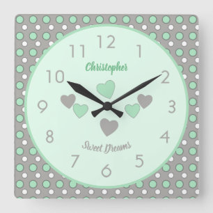 Mint green and grey with polka dots and name square wall clock