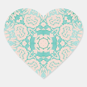 Mint Green and Ivory Embossed Damask Pattern Heart Sticker