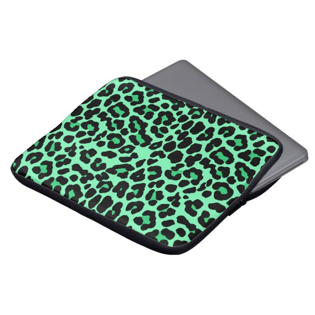 Mint Green and Jade Leopard Print Pattern Laptop Sleeve (Front Top)