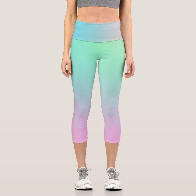 Mint Green and Pastel Pink Ombre Design Capri Leggings (Front)