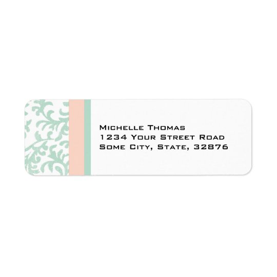 Mint Green and Peach Pink Damask Return Address Return Address Label