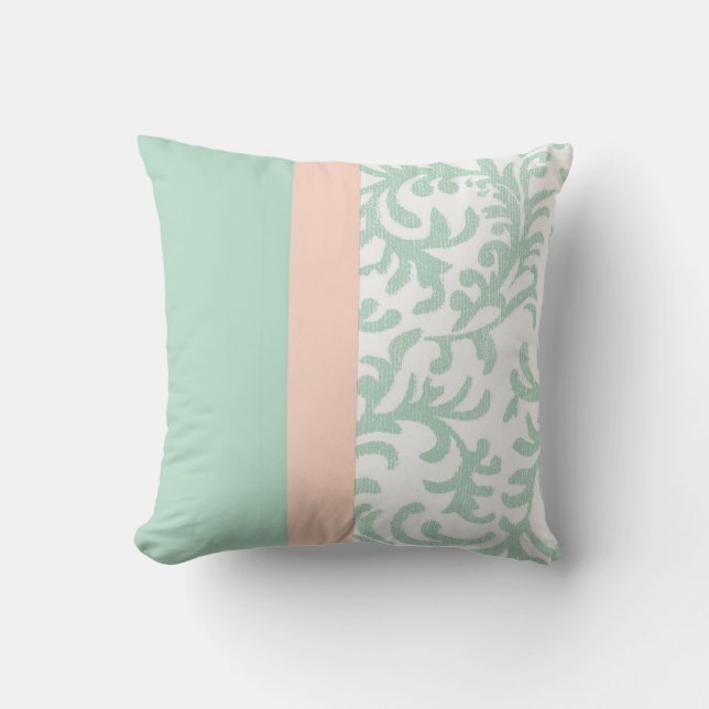 Mint Green and Peach Pink Floral Pattern Throw Pillow (Front)