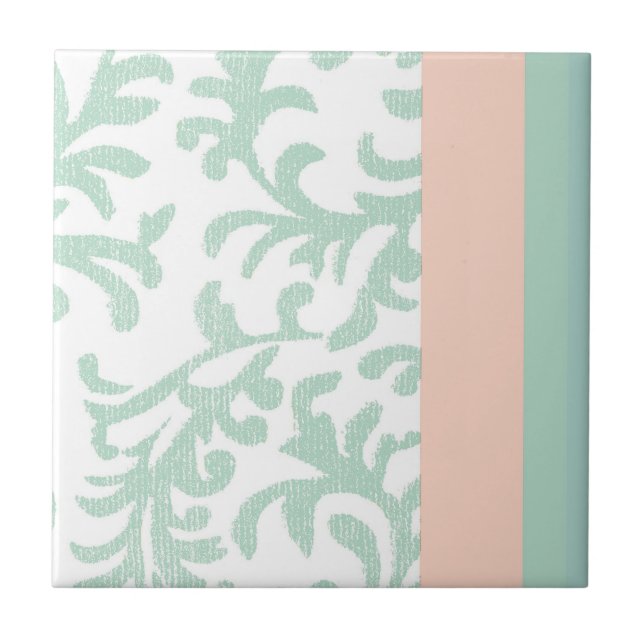 Mint Green and Peach Pink Floral Pattern Tile (Front)