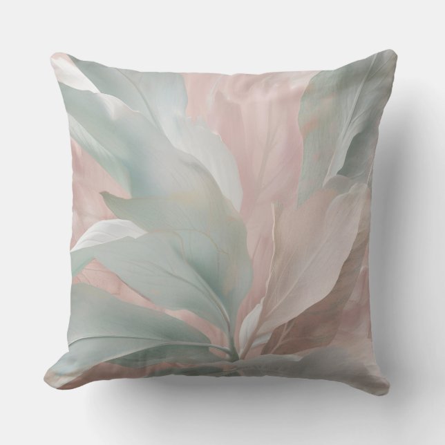 Mint Green and Pink Coastal Botanical Print Throw Pillow (Front)