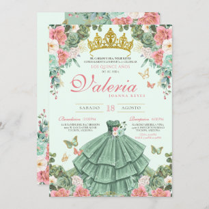 Mint Green and Pink Elegant Princess Quinceañera Invitation