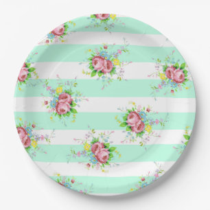 Mint Green and Pink Floral Dinner Paper Plates