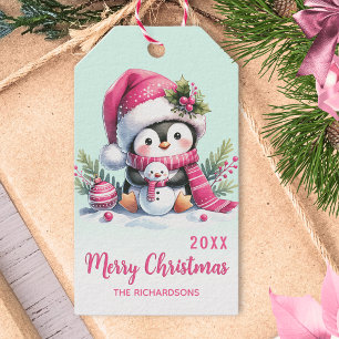 Mint Green and Pink Fun Penguin Christmas Gift Tags