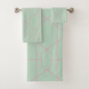 Mint Green and Pink Geometric Lines Pattern Bath Towel Set