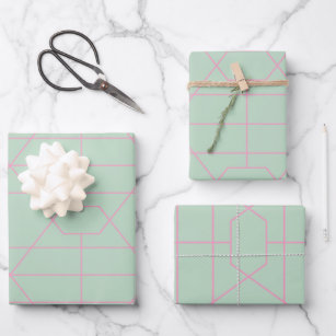 Mint Green and Pink Geometric Lines Pattern Wrapping Paper Sheet