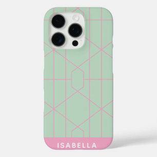 Mint Green and Pink Geometric Lines Personalized iPhone 16 Pro Case