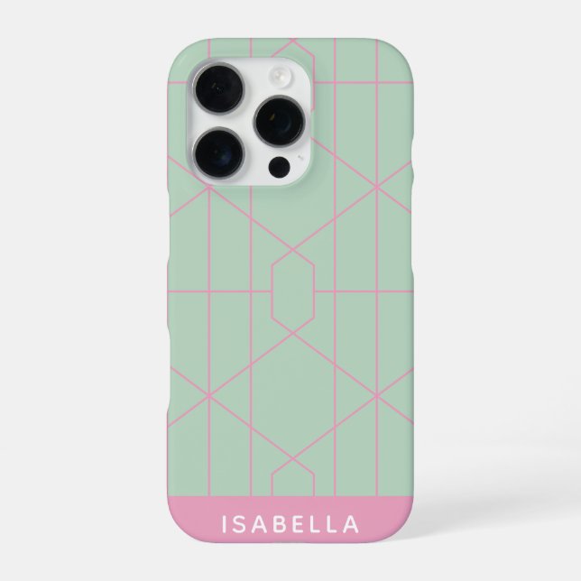 Mint Green and Pink Geometric Lines Personalized iPhone Case (Back)