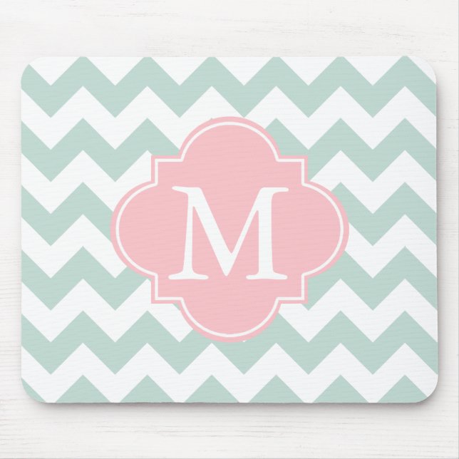 Mint Green and Pink Modern Chevron Custom Monogram Mouse Pad (Front)