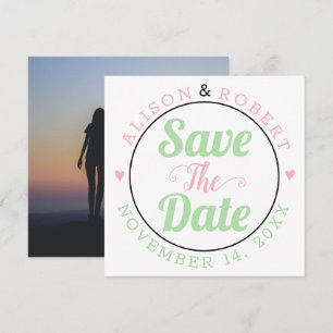 Mint green and pink typography photo on the back save the date