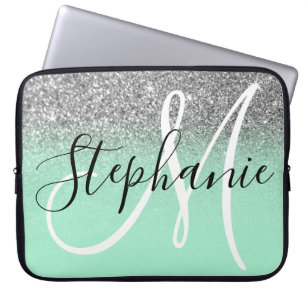 Mint Green and Silver Glitter Ombre Monogram Laptop Sleeve