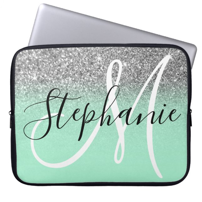 Mint Green and Silver Glitter Ombre Monogram Laptop Sleeve (Front)
