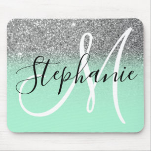 Mint Green and Silver Glitter Ombre Monogram Mouse Pad