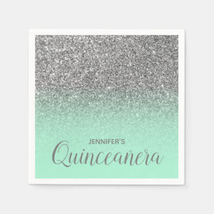 Mint Green and Silver Glitter Ombre Quinceanera Napkin