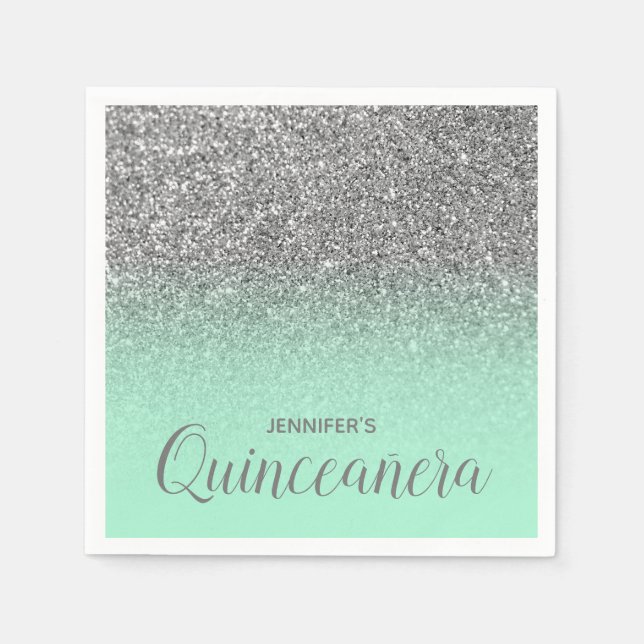 Mint Green and Silver Glitter Ombre Quinceanera Napkin (Front)