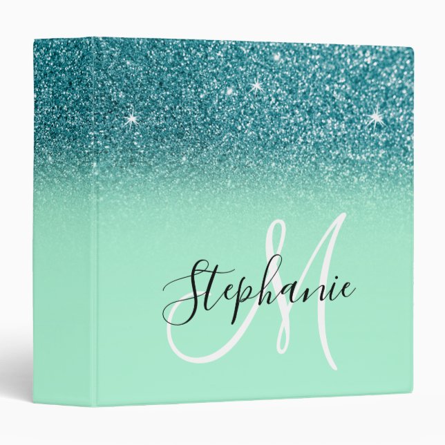 Mint Green and Teal Glitter Ombre Sparkle Monogram Binder (Front/Spine)