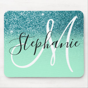 Mint Green and Teal Glitter Ombre Sparkle Monogram Mouse Pad