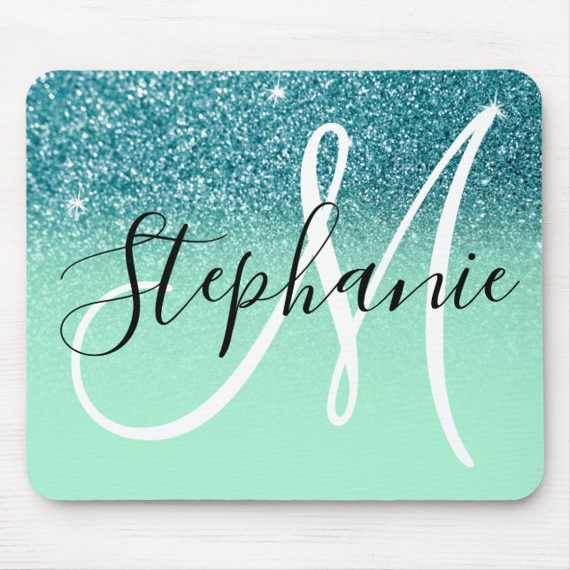 Mint Green and Teal Glitter Ombre Sparkle Monogram Mouse Pad (Front)