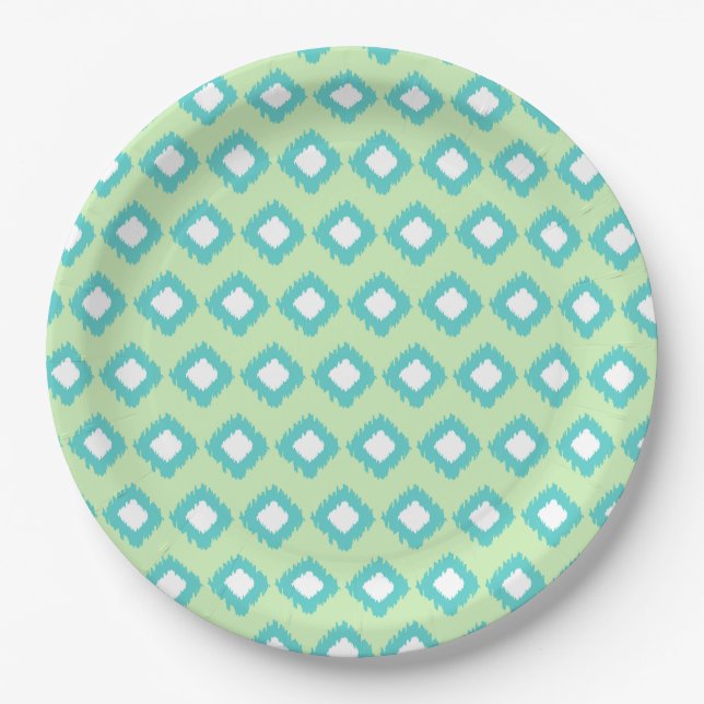 Mint Green and Teal Tribal Ikat Pattern Paper Plate (Front)