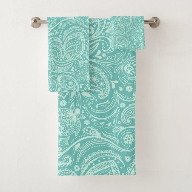 Mint-green and turquoise paisley pattern bath towel set (Insitu)