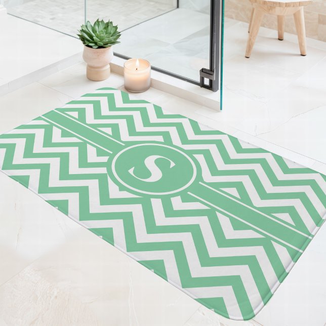 Mint Green And White Chevron Monogram Bath Mat (Creator Uploaded)