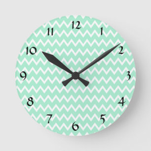 Mint Green and White Chevron Pattern Round Clock