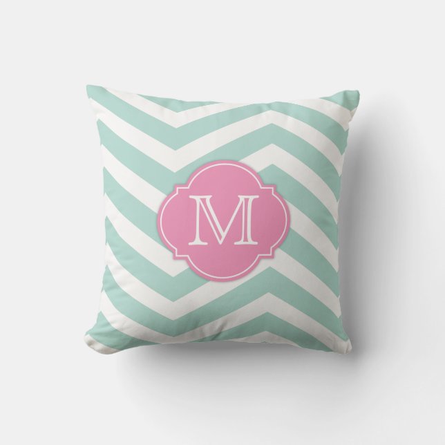 Mint Green and White Chevron Pattern with monogram Throw Pillow (Front)