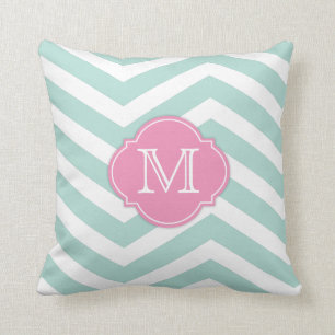 Mint Green and White Chevron Pattern with monogram Throw Pillow