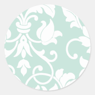 Mint Green and White Damask Classic Round Sticker