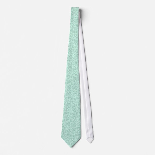 Mint Green And White Floral Damasks Pattern Tie (Front)