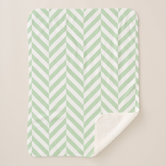 Mint Green and White Geometric Herringbone Pattern Sherpa Blanket (Front)