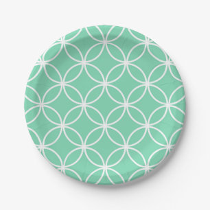 Mint Green and White Geometric Pattern Circles Paper Plate