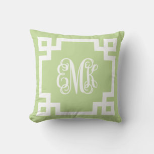 Mint Green and White Greek Key Script Monogram Throw Pillow
