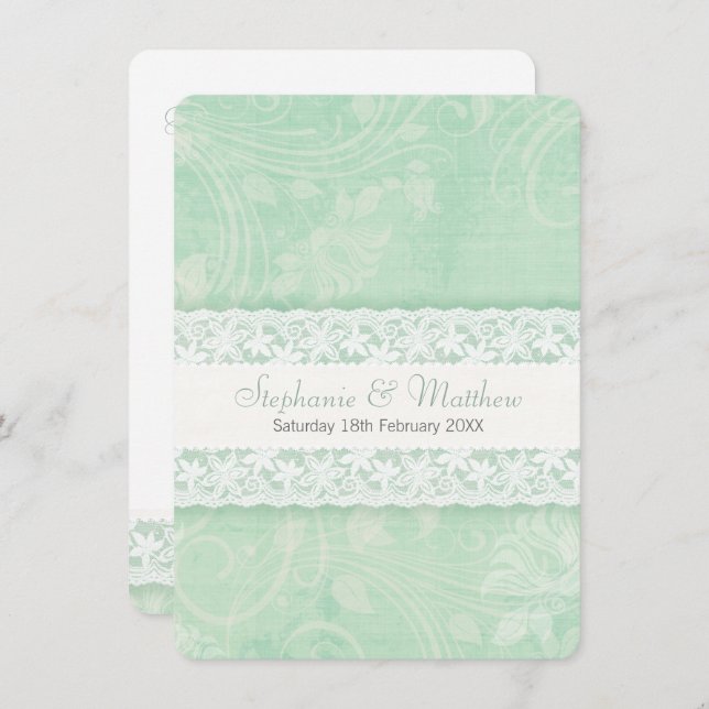 Mint green and white lace wedding invitation (Front/Back)