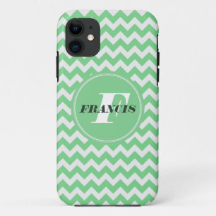 Mint-Green And White Monogram Chevron Pattern iPhone 11 Case