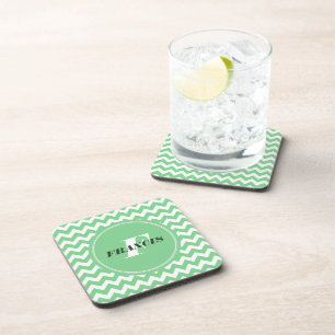 Mint-Green And White Monogram Chevron Pattern Coaster