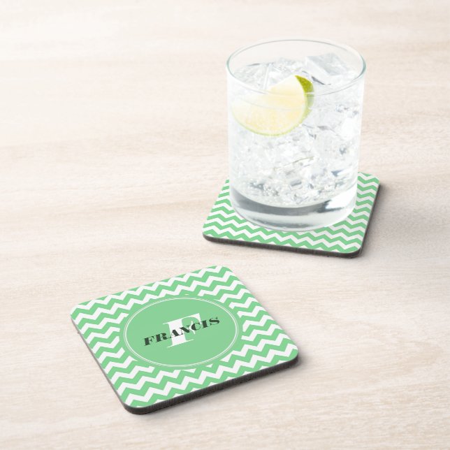 Mint-Green And White Monogram Chevron Pattern Coaster (Right Side)