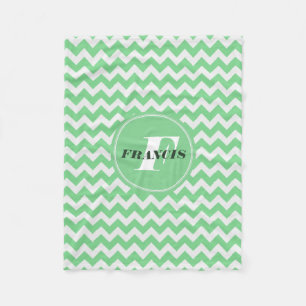 Mint-Green And White Monogram Chevron Pattern Fleece Blanket