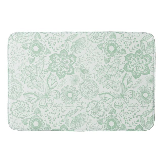 Mint-green and white retro flowers and butterflies bath mat (Front)