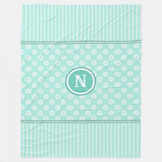 Mint Green And White Stripes And Daisies Monogram Fleece Blanket (Front)
