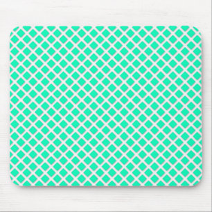 Mint Green and White Tilted Squares Pattern Mouse Pad